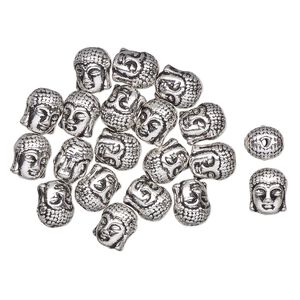 Bead, antique silver-finished "pewter" (zinc-based alloy), 11x9mm Buddha head. Sold per pkg of 20.