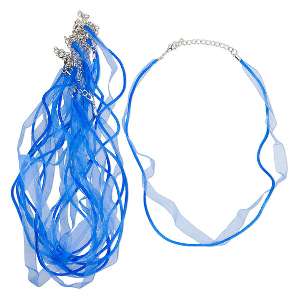 Necklace, antique silver-finished steel / nylon / organza, blue and royal blue, 10.5mm width, 17 inches with lobster claw clasp. Sold per pkg of 10. image number 0