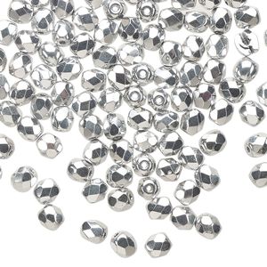 Bead 1pkg100 Czech fire-polished glass, 4mm faceted round, opaque metallic silver