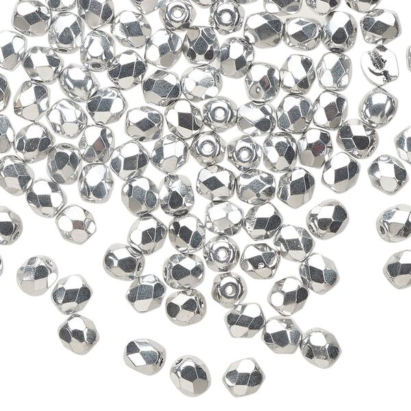 Bead 1pkg100 Czech fire-polished glass, 4mm faceted round, opaque metallic silver image number 0