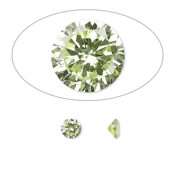 Gem, cubic zirconia, peridot green, 5mm faceted round, Mohs hardness 8-1/2. Sold per pkg of 2. image number 0