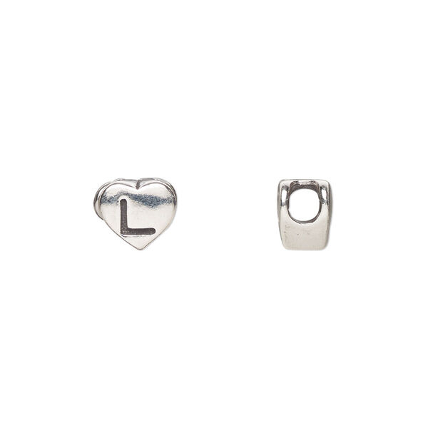 Bead, sterling silver, 7.5x7mm heart with alphabet letter "L." Sold individually. image number 0
