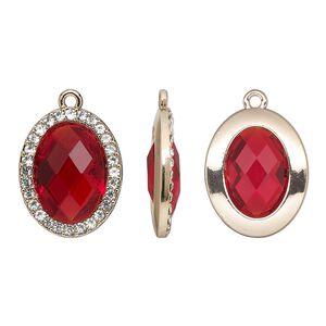 Drop, glass / glass rhinestone / gold-finished "pewter" (zinc-based alloy), clear and transparent ruby red, 23.5x19mm single-sided oval. Sold per pkg of 2.