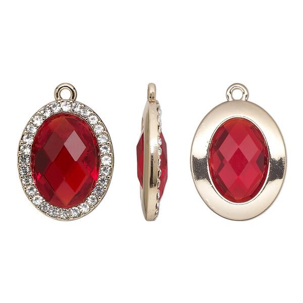Drop, glass / glass rhinestone / gold-finished "pewter" (zinc-based alloy), clear and transparent ruby red, 23.5x19mm single-sided oval. Sold per pkg of 2. image number 0