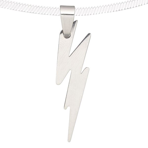 Pendant, stainless steel, 38x12mm matte and shiny lightning bolt. Sold individually. image number 0