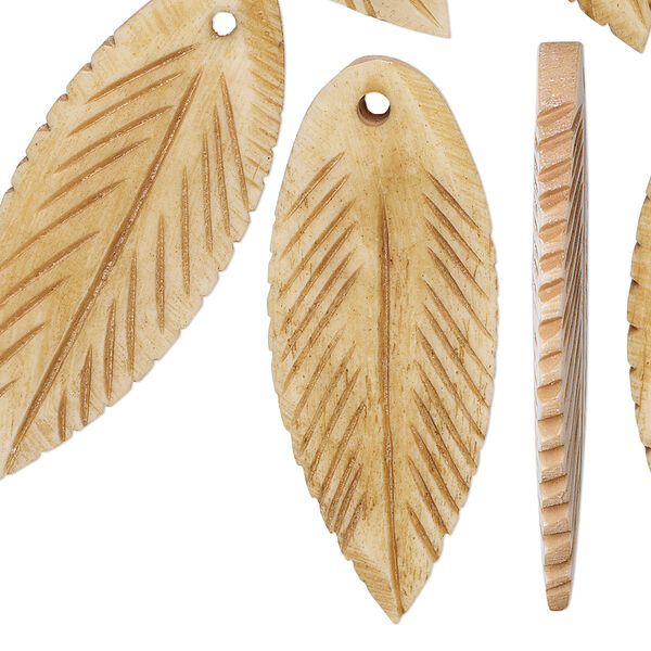 Focal, bone (dyed), antiqued, 39x18mm carved leaf, Mohs hardness 2-1/2. Sold per pkg of 6. image number 0
