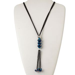 Necklace, 2-strand, velvet cord / steel / glass / silver-coated plastic, black and metallic blue, 8x6mm faceted rondelle with 6-inch dangle, 32 inches with knotted end. Sold individually.