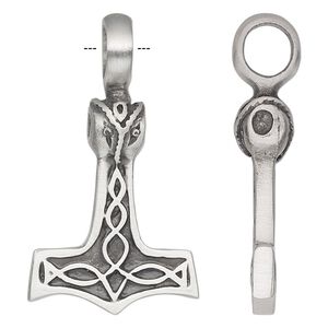 Pendant, antiqued pewter (tin-based alloy), 44x25mm double-sided Thor's hammer with Celtic knot and owl head. Sold individually.