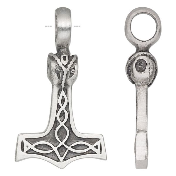 Pendant, antiqued pewter (tin-based alloy), 44x25mm double-sided Thor's hammer with Celtic knot and owl head. Sold individually. image number 0