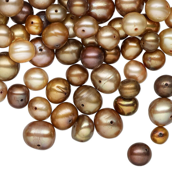 Pearl mix, cultured freshwater pearl (dyed), multi-brown, 4mm-14x12mm semi-round, Mohs hardness 2-1/2 to 4. Sold per 2-ounce pkg, approximately 10 beads. image number 0