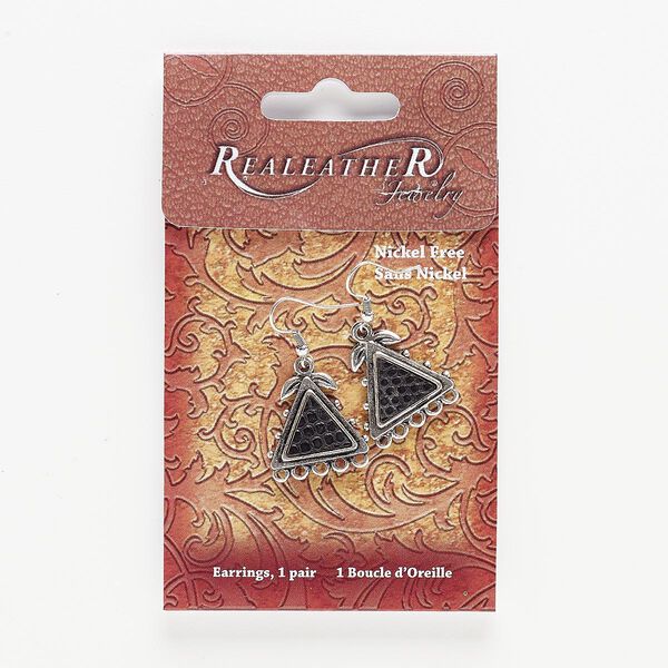 Earring, leather and antiqued silver-finished "pewter" (zinc-based alloy), black, 1-1/2 to 1-3/4 inches with double-sided triangle and leaf design with 5 loops and fishhook ear wire. Sold per pair. image number 0