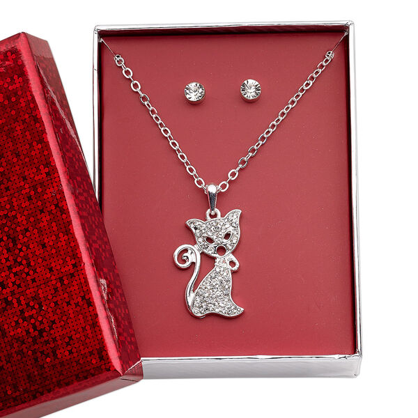 Necklace and earring set, glass rhinestone / silver-finished brass / steel / "pewter" (zinc-based alloy), clear, 27x18mm cat, 15" to 16" necklace with 3-inch extender chain and lobster claw clasp, 5mm round with post. Sold per set. image number 0