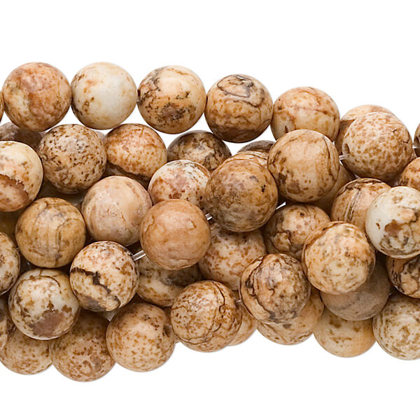 Bead, picture jasper (natural), 8mm round, C grade, Mohs hardness 6-1/2 to 7. Sold per pkg of (10) 15-1/2" to 16" strands. image number 0