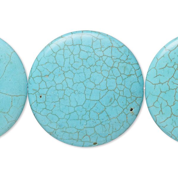 Bead, magnesite (dyed / stabilized), blue-green, 39-40mm flat round, B- grade, Mohs hardness 3-1/2 to 4. Sold per 8-inch strand. image number 0