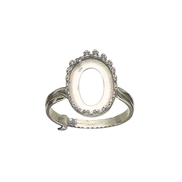 Ring, JBB Findings, antiqued sterling silver, 16mm wide with decorative trim and 14x10mm oval bezel setting, adjustable from size 6-8. Sold individually. image number 0
