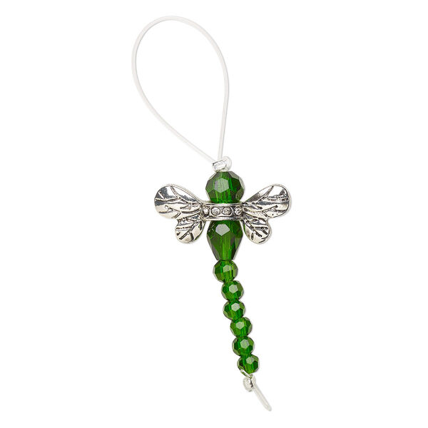 Bead, glass / glass rhinestone / antique silver-finished "pewter" (zinc-based alloy), transparent clear and green, 32x22mm dragonfly. Sold per pkg of 2. image number 0