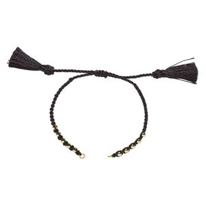 Bracelet component, nylon and gold-finished brass, black, 9-3/4 inches with adjustable macramé closure and (2) 5mm open loops. Sold individually.