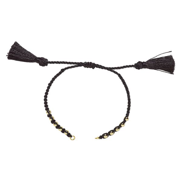 Bracelet component, nylon and gold-finished brass, black, 9-3/4 inches with adjustable macramé closure and (2) 5mm open loops. Sold individually. image number 0