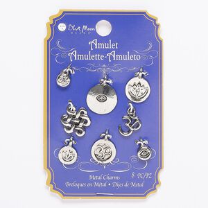 Charm and drop mix, silver-finished "pewter" (zinc-based alloy), 7mm-18x14mm single- and double-sided luck symbols. Sold per pkg of 8.