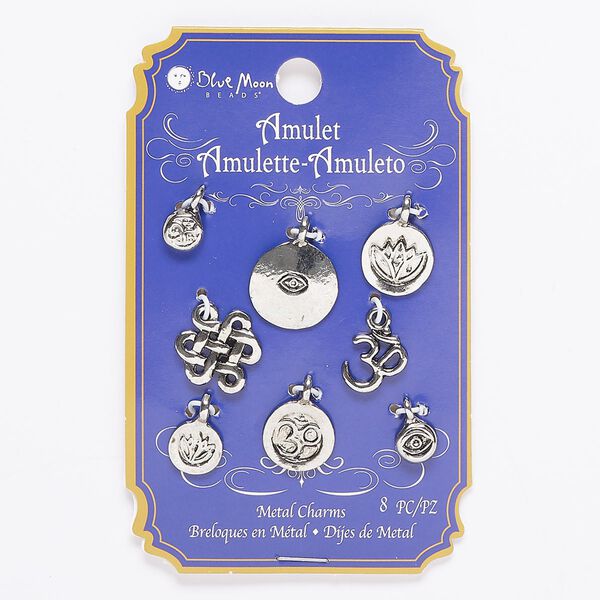 Charm and drop mix, silver-finished "pewter" (zinc-based alloy), 7mm-18x14mm single- and double-sided luck symbols. Sold per pkg of 8. image number 0