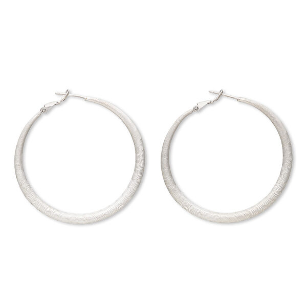 Earring, imitation rhodium-plated brass and "pewter" (zinc-based alloy), 2-inch round hoop with etched scalloped design and latch-back closure. Sold per pair. image number 0
