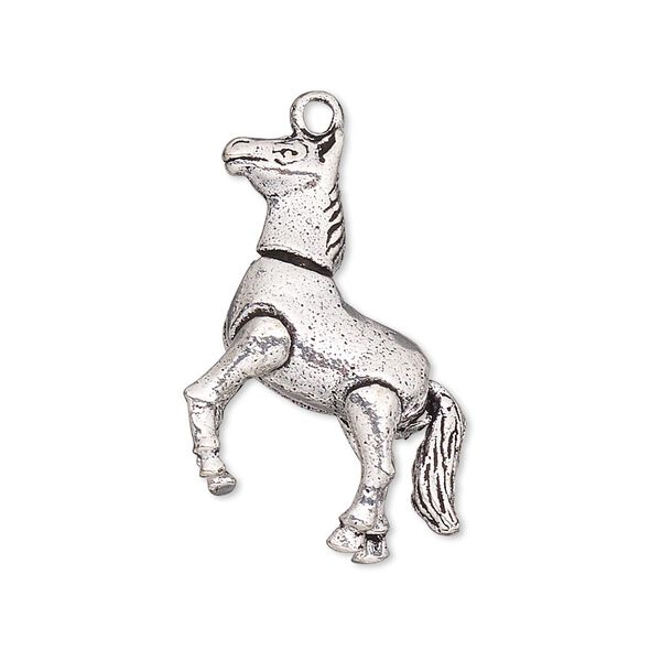 Charm, antiqued silver-finished brass, 26x25mm double-sided running horse. Sold individually. image number 0