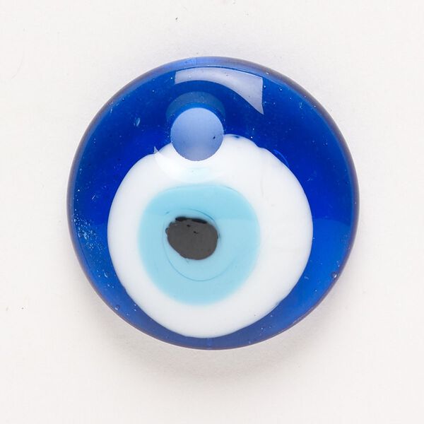 Focal, lampworked glass, pkg/1, opaque and translucent opaque cobalt blue/black/white, 30-31mm top-drilled round with wards off the evil eye design. image number 0