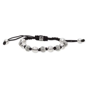 Bracelet, glass rhinestone / nylon / polymer clay / silver-plated "pewter" (zinc-based alloy), black / white / clear, 10mm round and 10mm matte hammered round, adjustable from 7 to 9-1/2 inches with macramé knot closure. Sold individually.