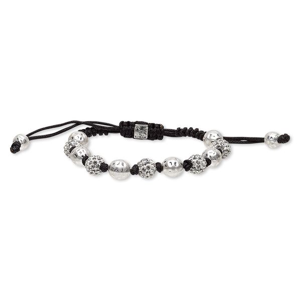 Bracelet, glass rhinestone / nylon / polymer clay / silver-plated "pewter" (zinc-based alloy), black / white / clear, 10mm round and 10mm matte hammered round, adjustable from 7 to 9-1/2 inches with macramé knot closure. Sold individually. image number 0