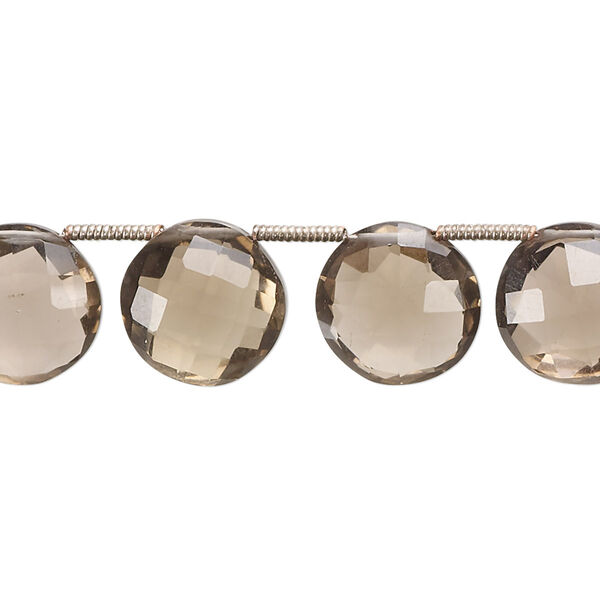 Bead, smoky quartz (heated / irradiated), light-medium, 11-13mm hand-cut top-drilled faceted puffed flat round, B+ grade, Mohs hardness 7. Sold per pkg of 16. image number 0