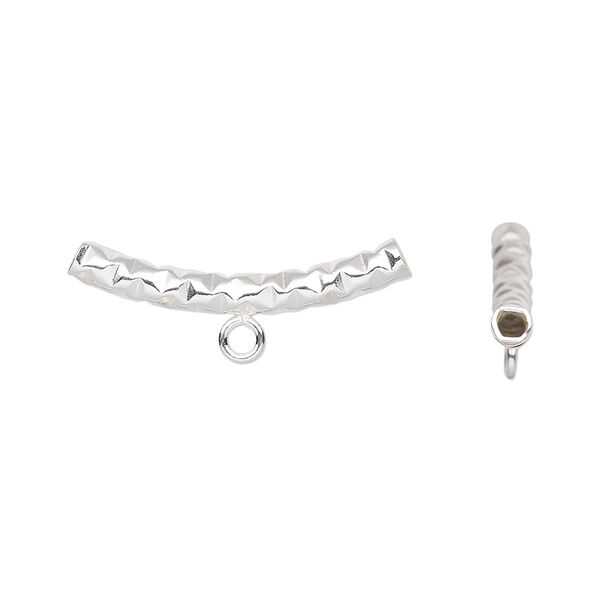 Bead, sterling silver, 25x3mm textured curved tube with closed loop. Sold individually. image number 0