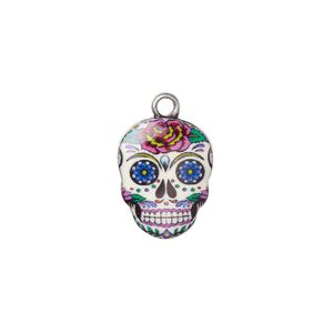 Charm, resin and antique silver-plated "pewter" (zinc-based alloy), multicolored, 17.5x14mm single-sided Dia de los Muertos skull with flower design. Sold individually.