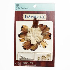 Brooch / hair clip kit, Laliberi™, feather (natural) / fabric / silver-finished steel / gold-coated acrylic, tan / white / light pink, flower. Sold per kit.