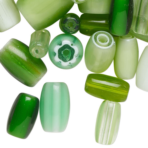 Bead mix, lampworked glass, opaque and translucent multi-green, 14x7mm-15x13mm round tube. Sold per 4-ounce pkg, approximately 80 beads. image number 0