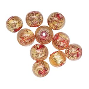 Bead, lampworked glass, red with 24Kt gold foil, 8mm round. Sold per pkg of 10.