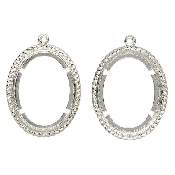 Focal, antique silver-finished "pewter" (zinc-based alloy), 36x29mm with rope edges and 30x20mm oval cabochon setting. Sold per pkg of 2. image number 0