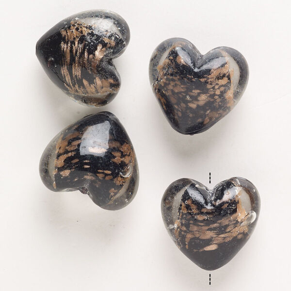 Bead, lampworked glass, pkg/4, opaque and translucent black and clear with copper-colored glitter, 28x26mm-28x28mm puffed heart. image number 0