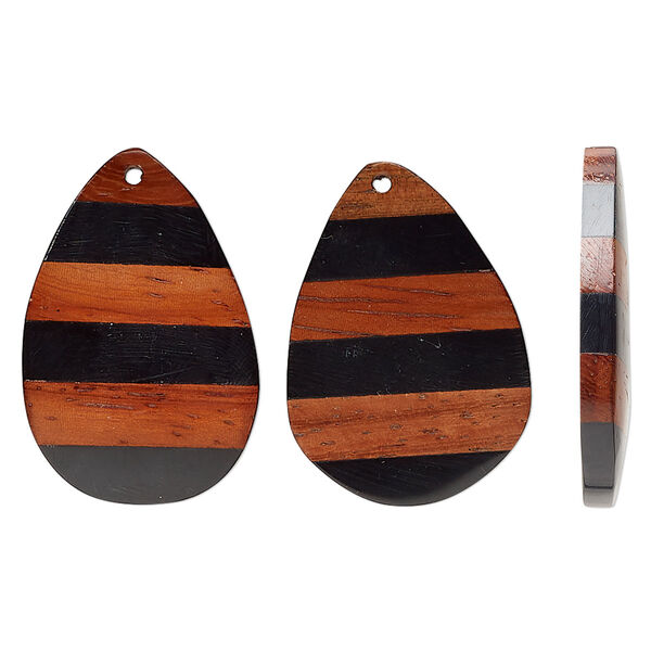 Focal, yellow boxwood (dyed/assembled), 44x30mm-42x28mm double-sided top-drilled flat teardrop. Sold per pkg of 2. image number 0