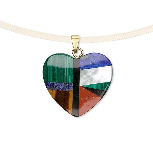 Multi-gemstone / mother-of-pearl shell / steel 1pkg1, gold-finished heart pendant 20mm image number 0