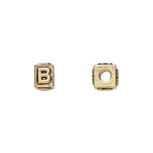 Bead, antique gold-plated pewter (tin-based alloy), 8x6mm rectangle with alphabet letter "B." Sold per pkg of 4.