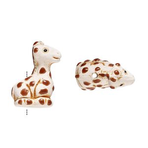 Bead, glazed ceramic, brown/tan/black, 19x12mm hand-painted giraffe. Sold per pkg of 2.