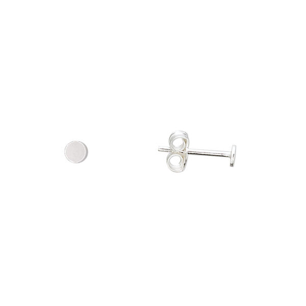 Earstud, sterling silver, 3mm round flat pad. Sold per pkg of 5 pairs. image number 0