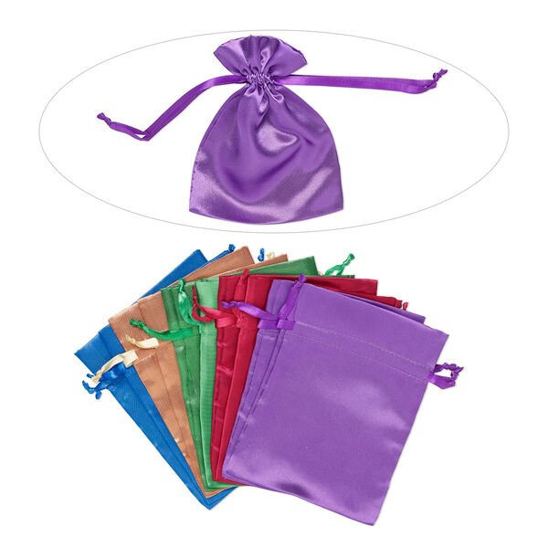 Pouch, satin, assorted jewel tones, 6-1/4 x 4-3/4 inches with drawstring closure. Sold per pkg of 10. image number 0