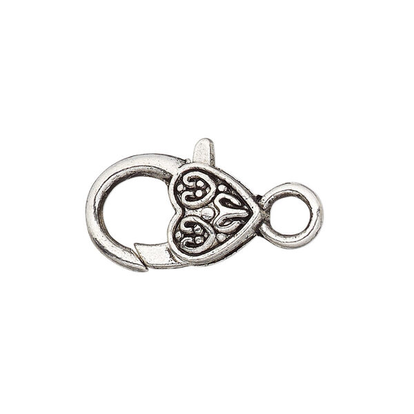 Clasp, lobster claw, antique silver-plated "pewter" (zinc-based alloy), 19.5x12.5mm with double-sided fancy heart design. Sold per pkg of 8. image number 0