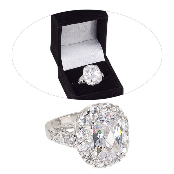 Ring, cubic zirconia and rhodium-finished brass, clear, 20mm rounded rectangle, size 8. Sold individually. image number 0