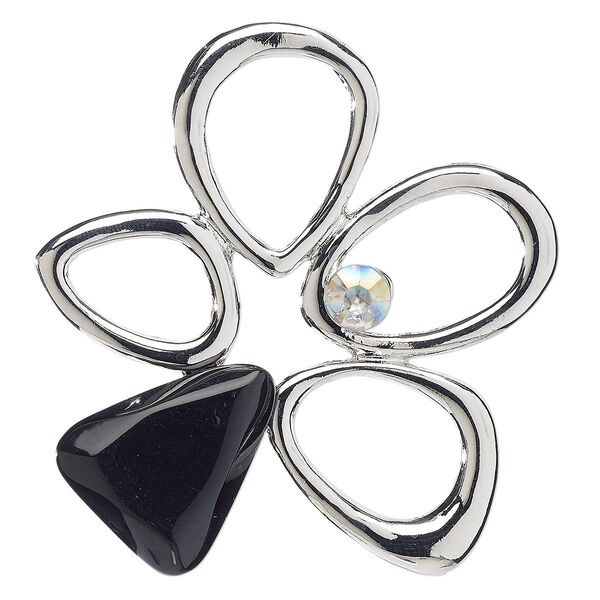 Pendant, acrylic and silver-finished "pewter" (zinc-based alloy), clear AB and black, 65x63mm open freeform cluster with hidden bail. Sold individually. image number 0