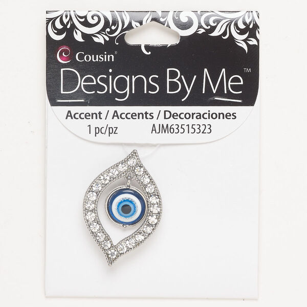 Brass / enamel / glass rhinestone 1pkg1, teardrop focal / wards-off-the-evil-eye / hidden loops silver-finished / multicolored 39x26mm image number 0