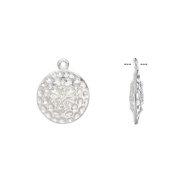 Drop, cubic zirconia and sterling silver, clear, 13mm double-sided textured flat round with cross. Sold individually. image number 0