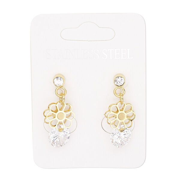 Earring, cubic zirconia / glass rhinestone / gold-finished stainless steel, clear, 24mm with open flower and post. Sold per pair. image number 0