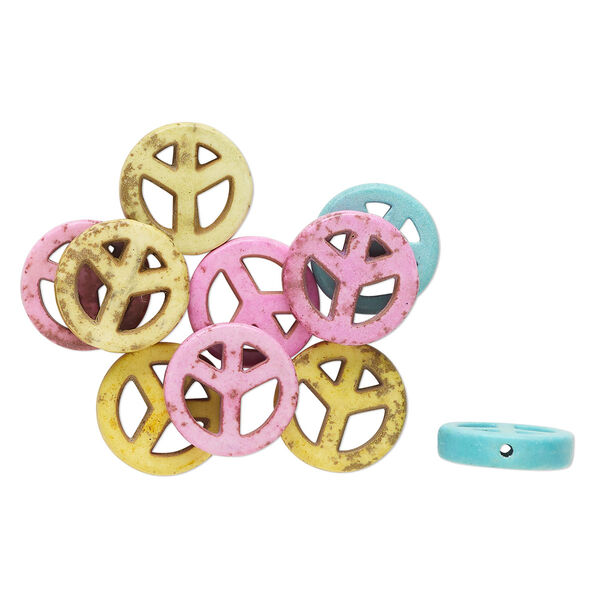 Bead mix, "howlite" (resin) (imitation), mixed colors, 15mm peace sign. Sold per pkg of 10. image number 0